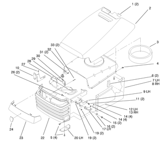 Hood And Grill Diagram and Parts List for 72104 8900001 - 8900599 Toro Lawn Tractor