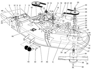 Deck And Spindle Assembly Diagram and Parts List for 30555 90001 - 99999 Toro Lawn Mower