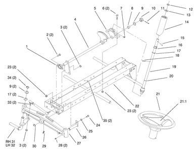 Frame Steering Diagram and Parts List for 73403 6900001 - 6999999 Toro Lawn Tractor