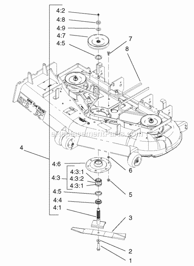 52-In. Deck Spindle Assembly Diagram and Parts List for 74179 210000001-210999999 Toro Lawn Mower