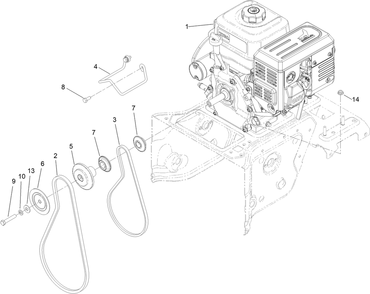 Engine, Pulley And Belt Assembly Diagram and Parts List for 38814 409000000 - 411499999 Toro Snow Blower