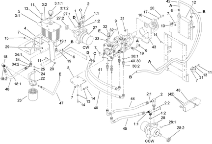 Hydraulic Tank, Motor And Pump Assembly Diagram and Parts List for 74265TE (270000001-270999999)(2007) Toro Lawn Mower