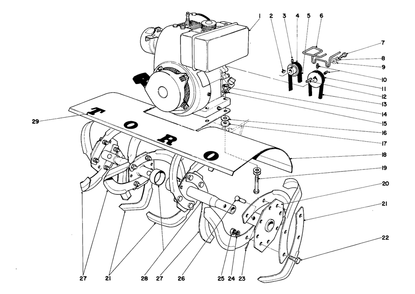 Tine And Engine Assembly Diagram and Parts List for 58000 0000001 - 0999999 Toro Tiller