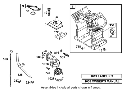 Cylinder, Oil Filter And Dipstick Assembly  Briggs And Stratton 303447-1319-E1 Diagram and Parts List for 12004 230000001 - 230999999 Toro Lawn Tractor