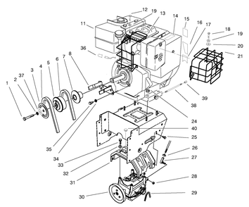 Engine, Transmission Drive Assembly Diagram and Parts List for 38590 8900001 - 8999999 Toro Snow Blower
