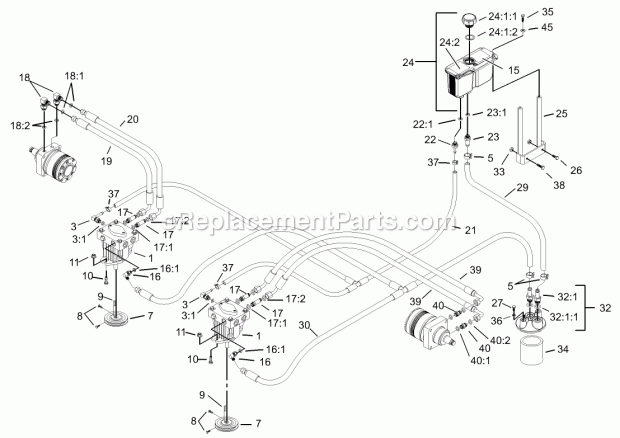 Hydraulic System Assembly Diagram and Parts List for 74199 230000001-230999999 Toro Lawn Mower