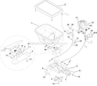 Spreader Hopper And Frame Assembly Diagram and Parts List for 33525 400000000-410231188 Toro Lawn Tractor Accessories