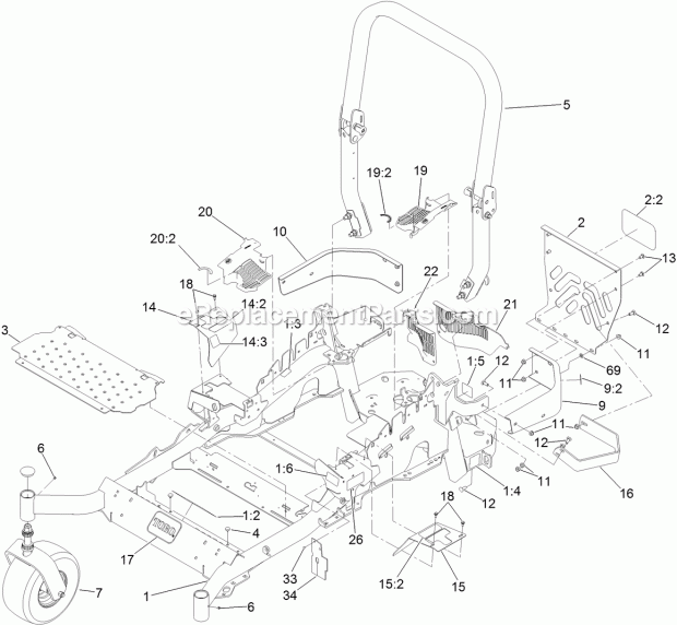 Frame And Caster Wheel Assembly Diagram and Parts List for 74916 313000001-313999999 Toro Lawn Mower