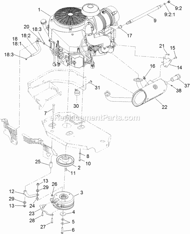 Engine, Clutch And Muffler Assembly Diagram and Parts List for 74940 313000001-313999999 Toro Lawn Mower