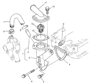 Water Flange And Thermostat Assembly Diagram and Parts List for 22303TE 990001 - 999999 Toro Lawn Tractor Accessories