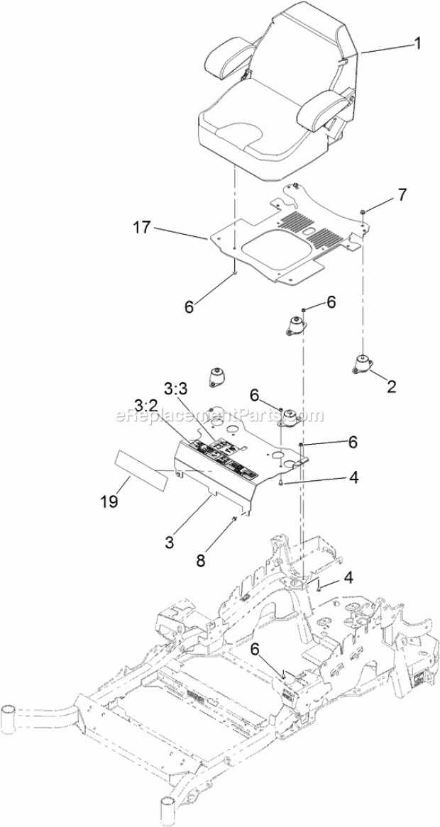 Seat Mounting Assembly Diagram and Parts List for 74916 312000001-312999999 Toro Lawn Mower