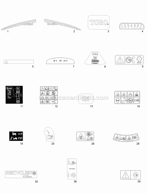 Decal Assembly Diagram and Parts List for 74596 317000001-999999999 Toro Lawn Mower
