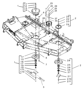 Spindle And Pulley Assembly Diagram and Parts List for 74214 (230006001-230999999)(2003) Toro Lawn Mower