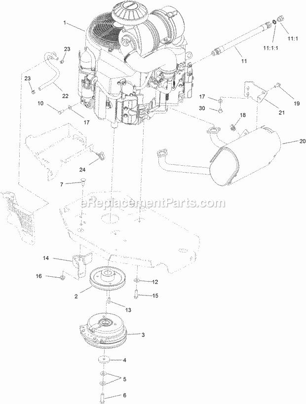 Engine, Muffler And Clutch Assembly Diagram and Parts List for 74927 315000001-315999999 Toro Lawn Mower