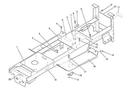 Main Frame Assembly Diagram and Parts List for 22-14OE01 1000001 - 1999999 Toro Lawn Tractor