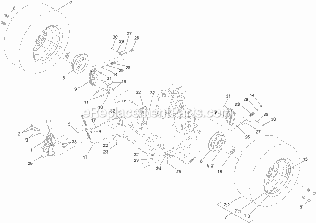Rear Wheel And Park Brake Assembly Diagram and Parts List for 74957 314000001-314999999 Toro Lawn Mower