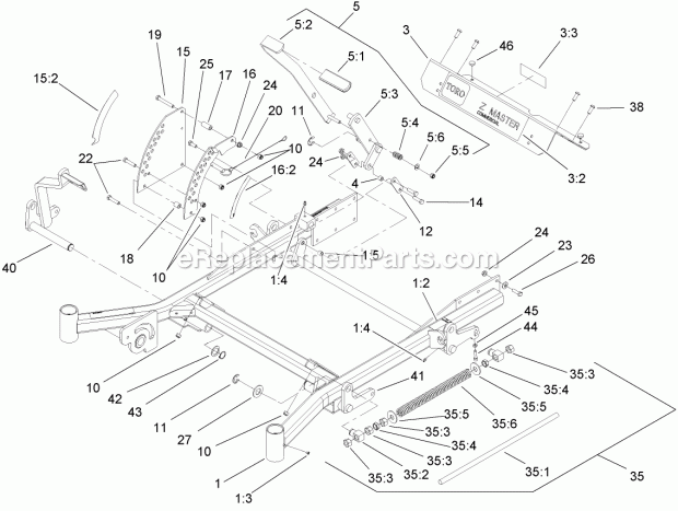 Front Frame Assembly Diagram and Parts List for 74283 280000001-280999999 Toro Lawn Mower