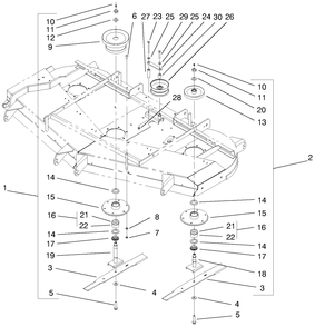 Deflector, Spindle And Pulley Assembly Diagram and Parts List for 74205 990001 - 999999 Toro Lawn Tractor