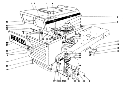 Hood And Engine Assembly Diagram and Parts List for 57131 3000001 - 3999999 Toro Lawn Tractor