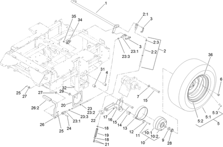 Main Frame And Rear Wheel Assembly Diagram and Parts List for 72264TE 406427909-406429999 Toro Lawn Mower