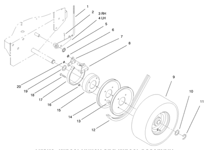 Brake, Wheel Pulley And Wheel Assembly Diagram and Parts List for 30159 890001 - 899999 Toro Lawn Tractor Accessories