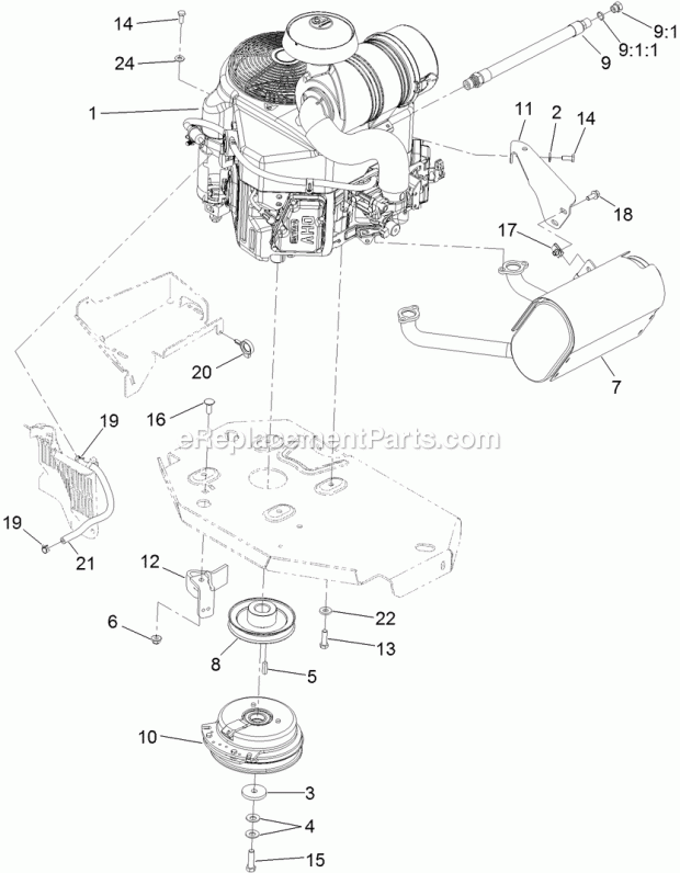 Engine, Muffler And Clutch Assembly Diagram and Parts List for 74954 312000001-312999999 Toro Lawn Mower