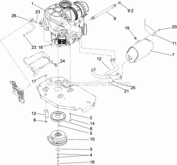 Engine, Muffler And Clutch Assembly Diagram and Parts List for 74921 290000001-290999999 Toro Lawn Mower
