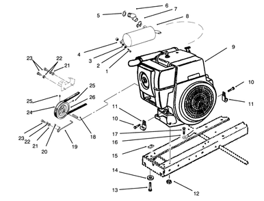 Engine, Muffler, Pulley & Drive Belt Diagram and Parts List for 73401 4900001 - 4999999 Toro Lawn Tractor