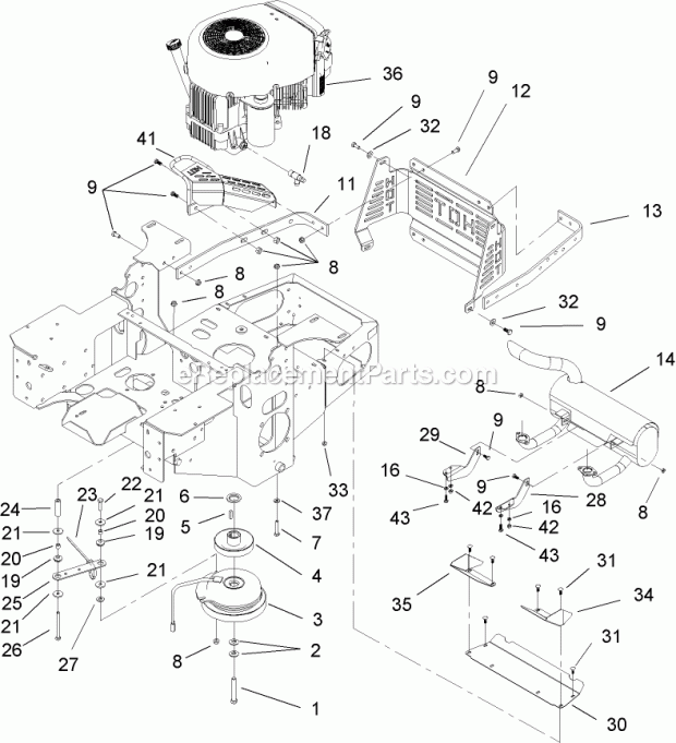 Engine, Clutch And Muffler Assembly Diagram and Parts List for 74166 240000001-240999999 Toro Lawn Mower