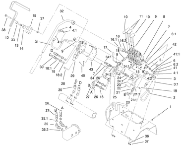 Hydraulic Valves Assembly Diagram and Parts List for 22305TE 990001 - 999999 Toro Lawn Tractor Accessories