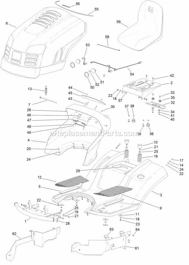 Body And Hood Assembly Diagram and Parts List for 74596 316000001-316999999 Toro Lawn Mower