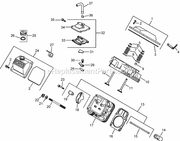 Head, Valve And Breather Assembly Kohler Ch23 Diagram and Parts List for 74239 250000001-250999999 Toro Lawn Mower