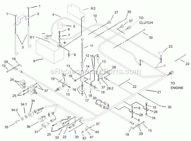 Electrical System Assembly Diagram and Parts List for 74199 230000001-230999999 Toro Lawn Mower
