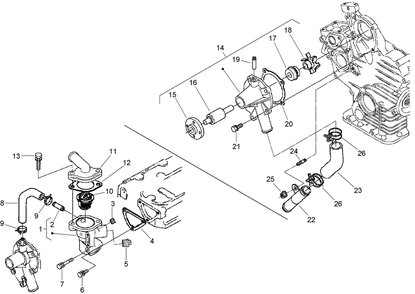 Water Flange, Pump, Pipe And Thermostat Assembly Diagram and Parts List for 74265TE (270000001-270999999)(2007) Toro Lawn Mower