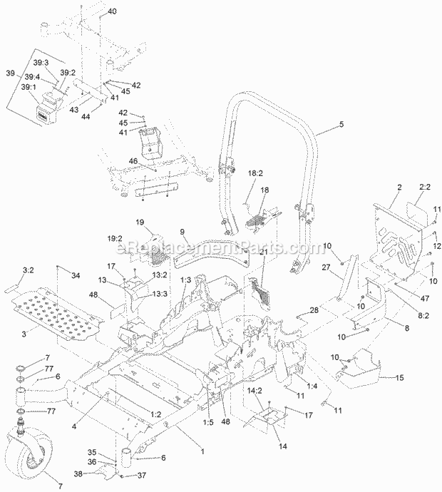 Frame, Caster And Z Stand Assembly Diagram and Parts List for 74942TE 316000001-316999999 Toro Lawn Mower