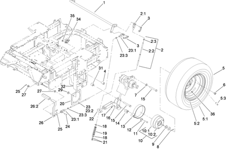 Main Frame And Rear Wheel Assembly Diagram and Parts List for 74264TE (310000001-310999999)(2010) Toro Lawn Mower