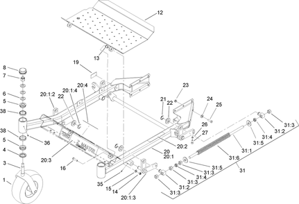 Front Frame Assembly Diagram and Parts List for 74415 (250000001-250005000)(2005) Toro Lawn Mower