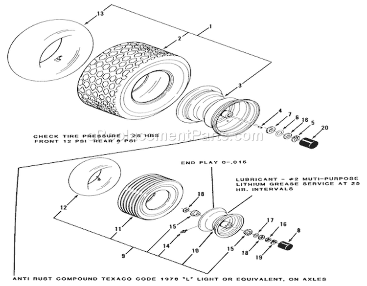 Wheels And Tires Diagram and Parts List for Y1-12OE01 1990 Toro Lawn Tractor