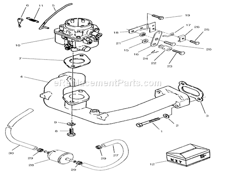 Carburetor & Intake Manifold Assembly Diagram and Parts List for Y1-16OEE4 2000001-2999999 - 1992 Toro Lawn Tractor