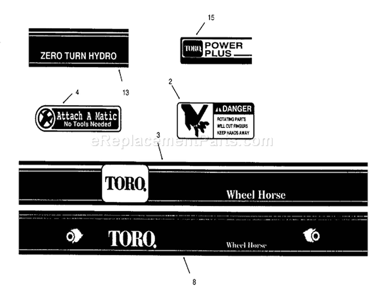 Decals (Continued) Diagram and Parts List for Y1-16OEE4 2000001-2999999 - 1992 Toro Lawn Tractor