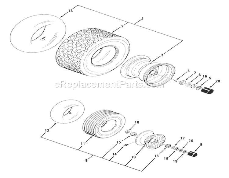 Wheels And Tires Diagram and Parts List for Y1-12OE02 1000001-1999999 - 1991 Toro Lawn Tractor
