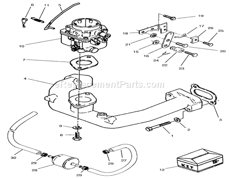 Carburetor & Intake Manifold Assembly Diagram and Parts List for Y1-20OE03 2000001-2999999 - 1992 Toro Lawn Tractor