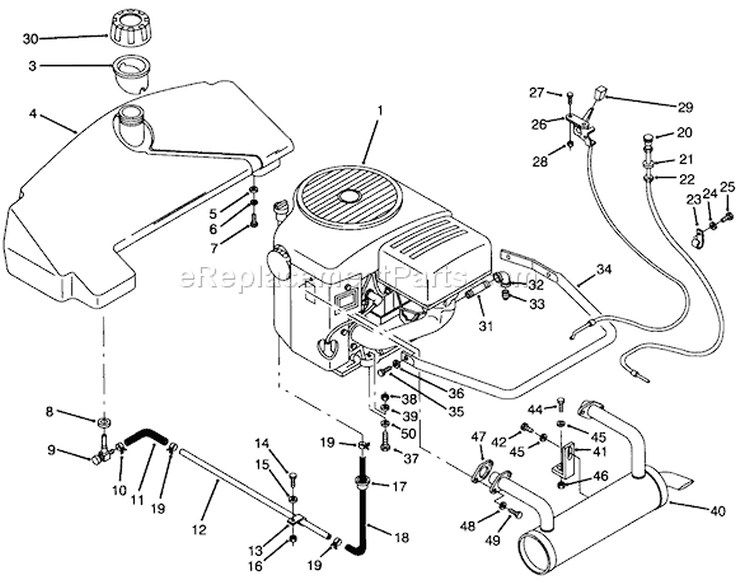 Engine & Fuel System Assembly Diagram and Parts List for Y1-20OE03 2000001-2999999 - 1992 Toro Lawn Tractor