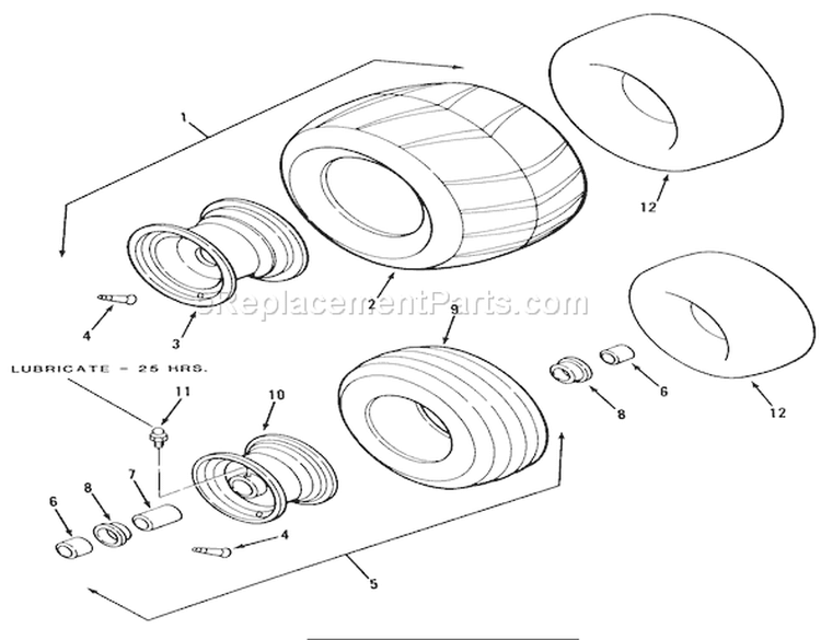 Wheels And Tires Diagram and Parts List for Z1-18KE01 1986 Toro Lawn Tractor