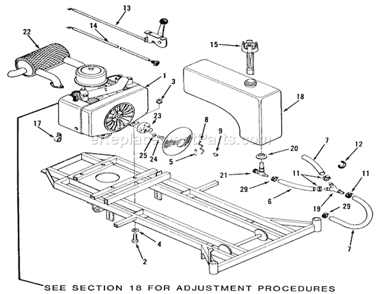 Engine And Fuel Systems Diagram and Parts List for Z1-18KE01 1986 Toro Lawn Tractor