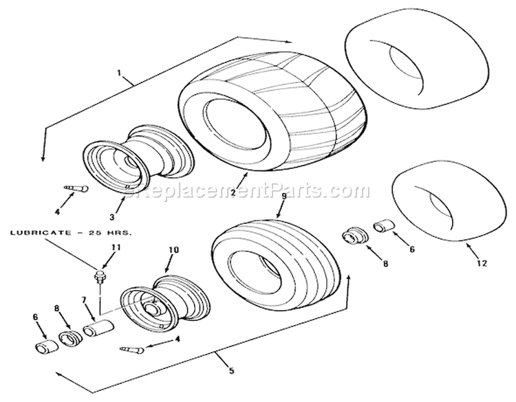 Wheels And Tires Diagram and Parts List for Z1-24OE03 1990 Toro Lawn Tractor