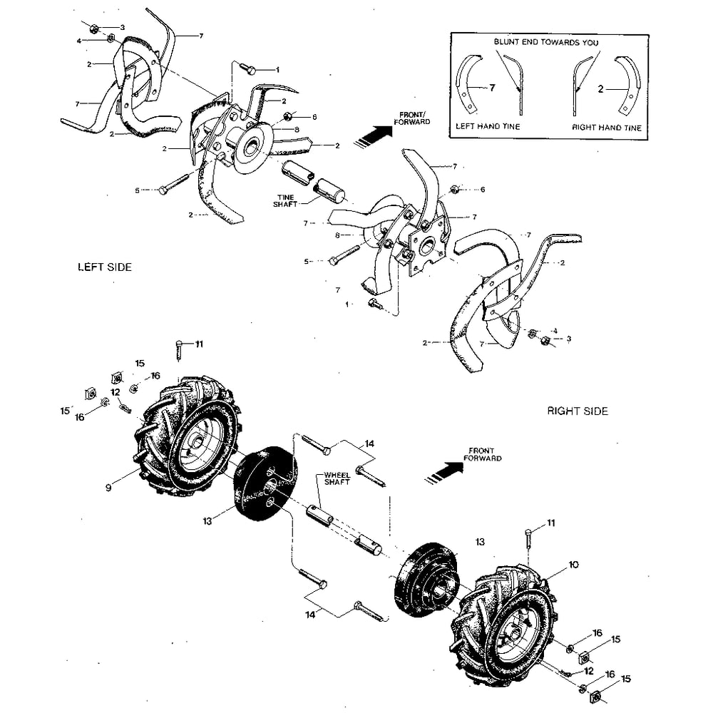 Bolo Tines, Wheels Diagram and Parts List for ECONOHORSE#E9434ANDUP  Troy-Bilt Tiller