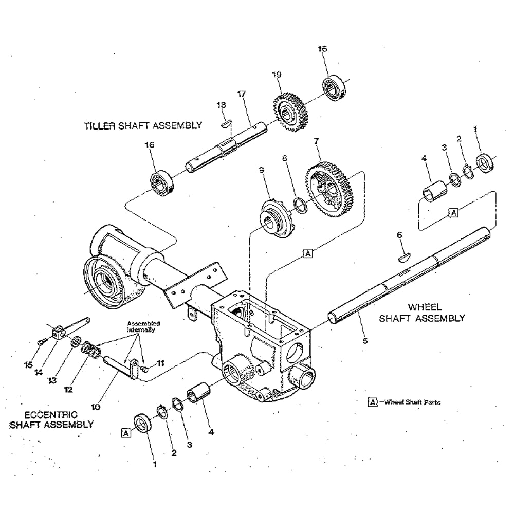 Wheel Shaft, Eccentric Shaft And Tiller Shaft Assemblies Diagram and Parts List for PONYSERIAL#S0242650ANDUP  Troy-Bilt Tiller