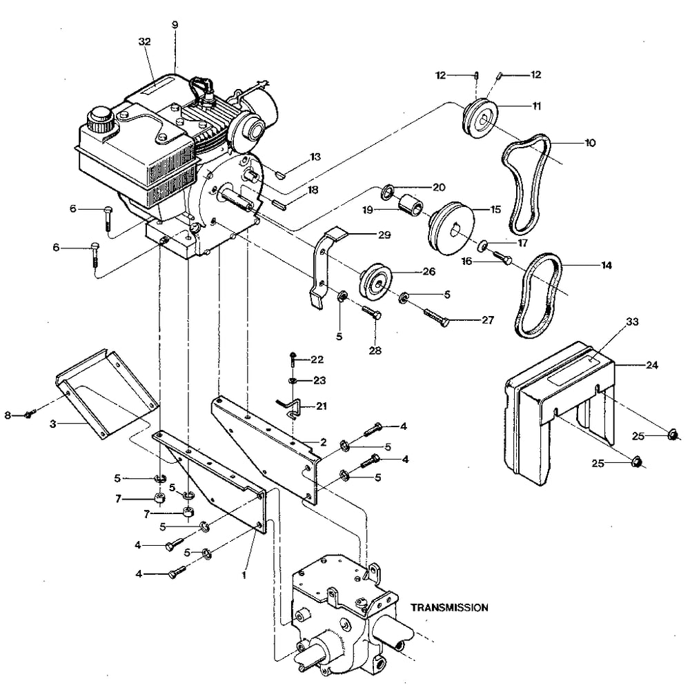 Engine And Support Brackets, Pulleys, Belts, Belt Cover Diagram and Parts List for JUNIORSERIAL#M74690ANDUP  Troy-Bilt Tiller