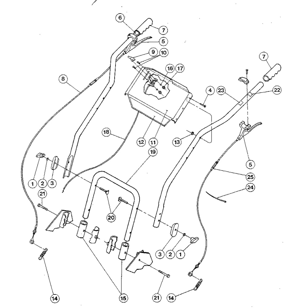 Handlebars, Control Levers, And Throttle Lever Diagram and Parts List for F0000100  Troy-Bilt Lawn Mower